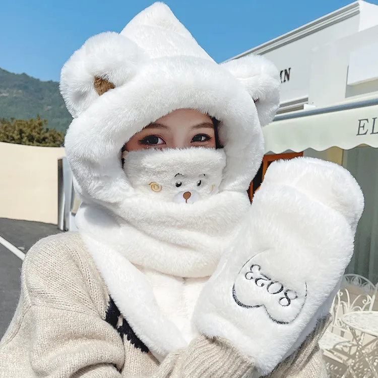 手套围脖帽子2024秋冬季新款小熊毛绒一体帽加厚骑行防风保暖百搭