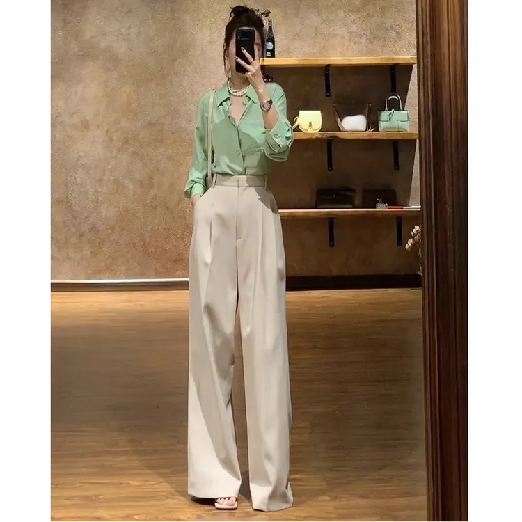 炸街高级感欧货时尚减龄御姐小香风薄荷绿衬衫裤子显瘦套装女秋季