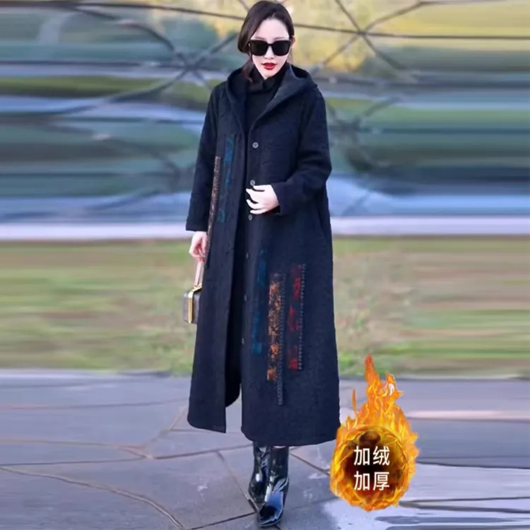 连帽拼花复古外套女秋冬加绒加厚时尚女装长款过膝中年妈妈大衣