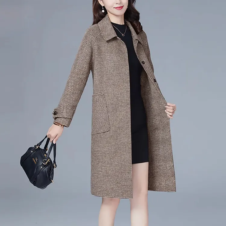 2025秋冬格子千鸟格双面羊毛呢大衣中长款A版宽松女装呢子外套