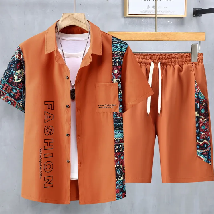 男士套装大码夏季薄款时尚休闲宽松衬衣半袖两件套胖人加肥短裤潮