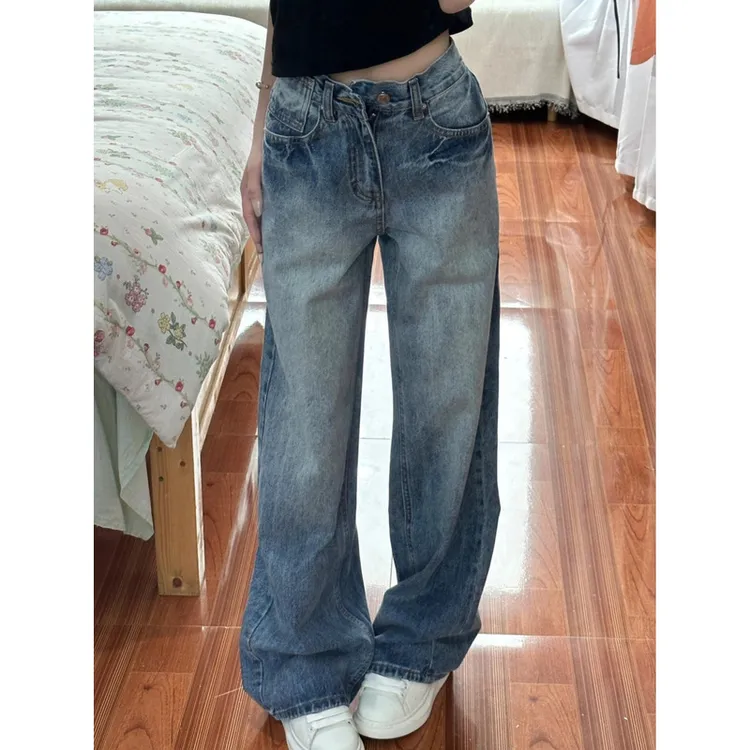 美式裂纹高腰水洗蓝阔腿牛仔裤女春季新款宽松显瘦垂感直筒拖地裤