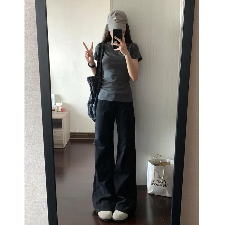 美式黑色不贴腿直筒微喇牛仔裤女秋季新款宽松显瘦垂感阔腿拖地裤
