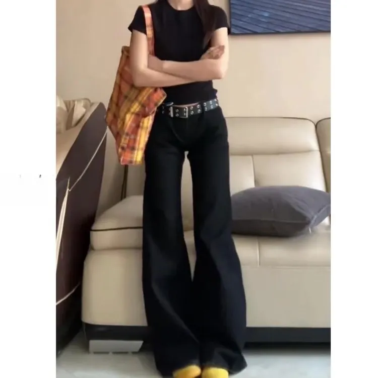 黑色水洗微喇阔腿牛仔裤女秋季美式辣妹低腰宽松百搭垂感拖地长裤