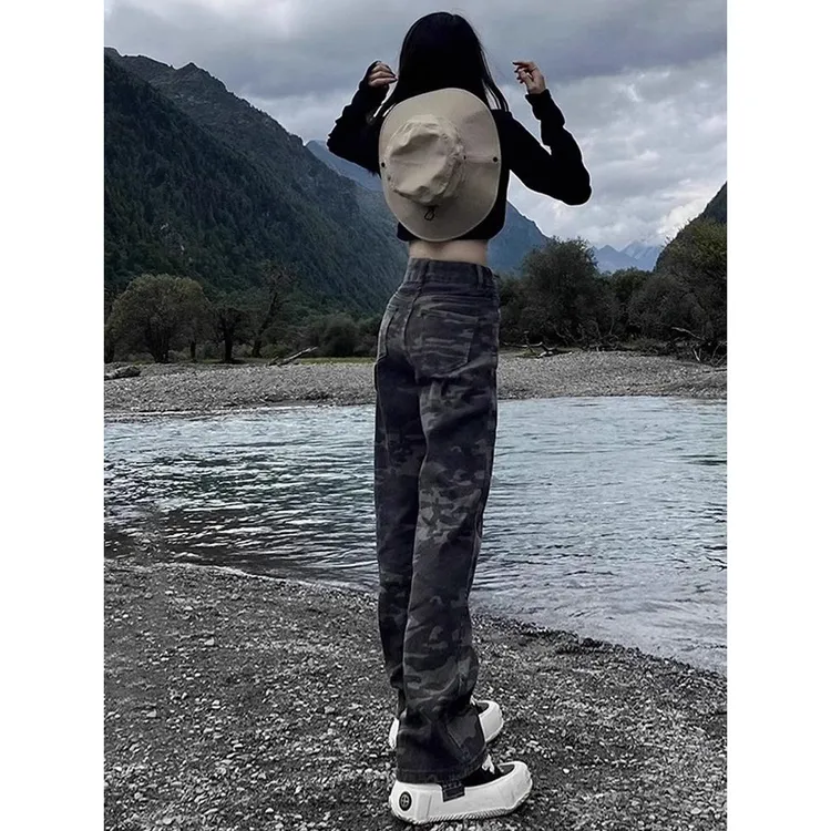 高个子加长版美式复古高腰牛仔裤女秋季迷彩设计感宽松直筒阔腿裤