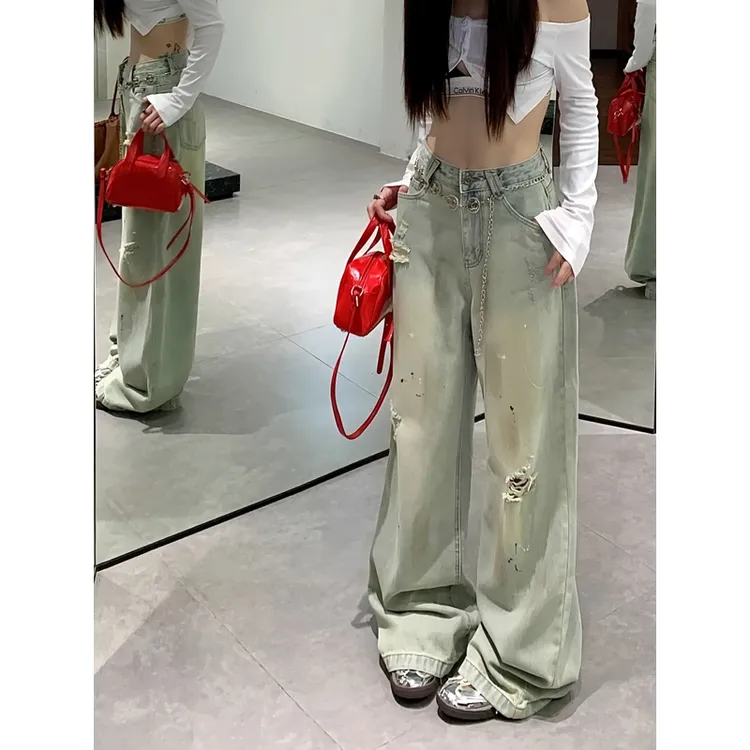 高个子加长版复古破洞牛仔裤女夏季高腰显瘦宽松阔腿裤拖地直筒裤