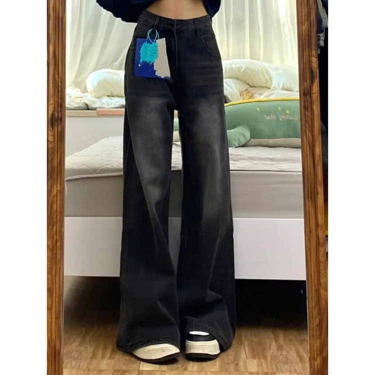 美式复古加长版黑灰色牛仔裤女夏季新款宽松直筒高腰显瘦阔腿裤子