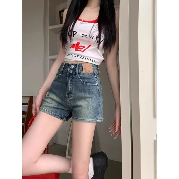 夏季薄款高腰弹力包臀牛仔短裤女辣妹显瘦设计感双排扣a字热裤子