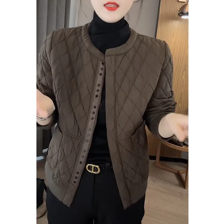 5663#洋气百搭休闲菱格开衫外套女大码秋冬新款时尚显瘦轻薄棉服