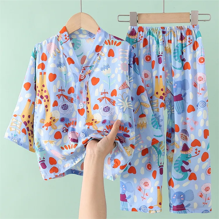 宝宝儿童绵绸睡衣长袖薄款开衫男童女童休闲空调服套装夏季舒适