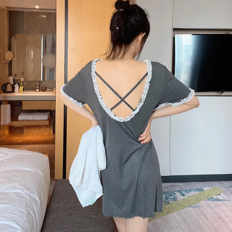 纯欲风露背性感显瘦莫代尔睡裙女夏季薄款宽松蕾丝短袖睡衣家居服
