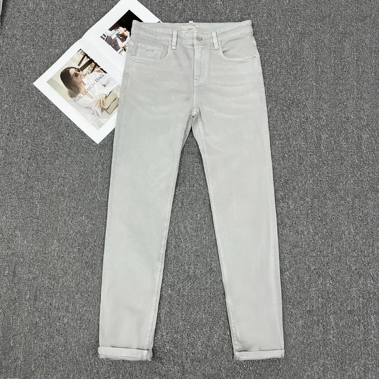 2025轻奢高端四季款水洗百搭男士白灰色牛仔裤微弹修身小直筒长裤