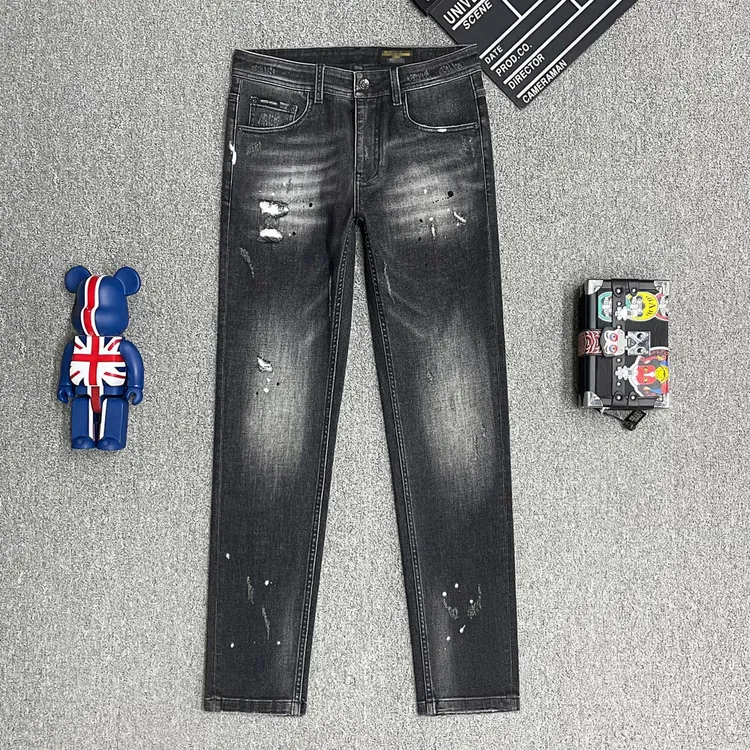 2025年高端潮流春季男士牛仔裤泼黑漆点破洞补丁百搭修身小直筒裤