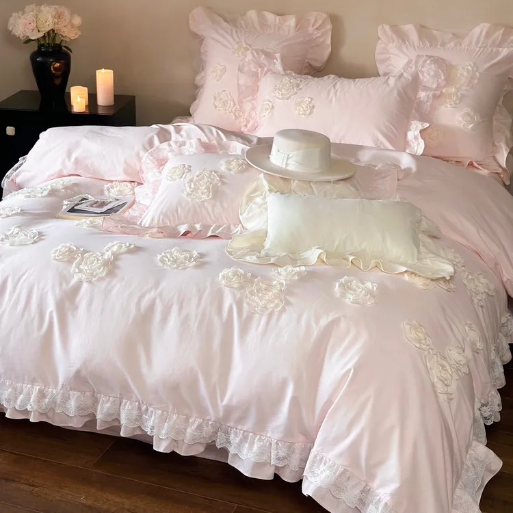 欧式双层花边全棉水洗棉四件套纯棉公主风立体订花被套少女心床品