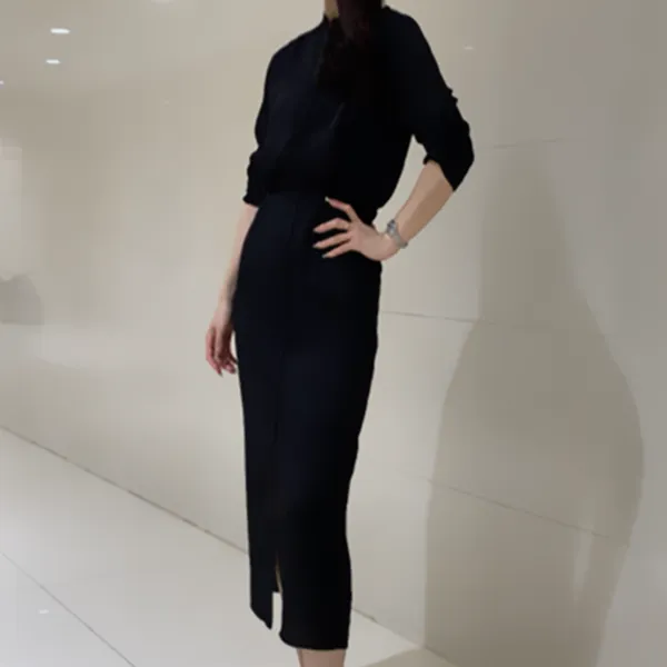 【韩姐】新款气质优雅提花开襟中长款黑色开叉连衣裙修身显瘦297