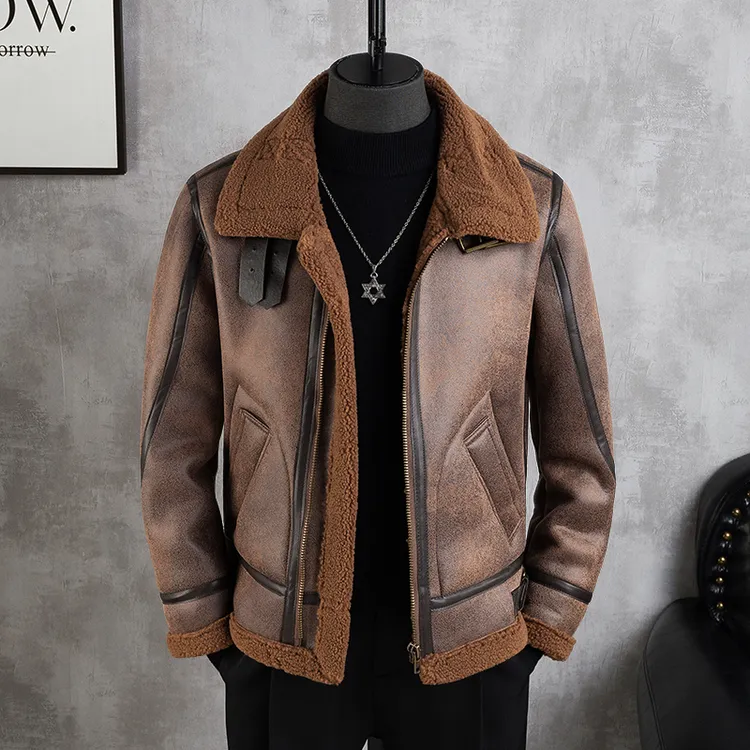 皮毛一体外套男士羊羔绒夹克冬季2023新款男装棉衣翻领痞帅外套