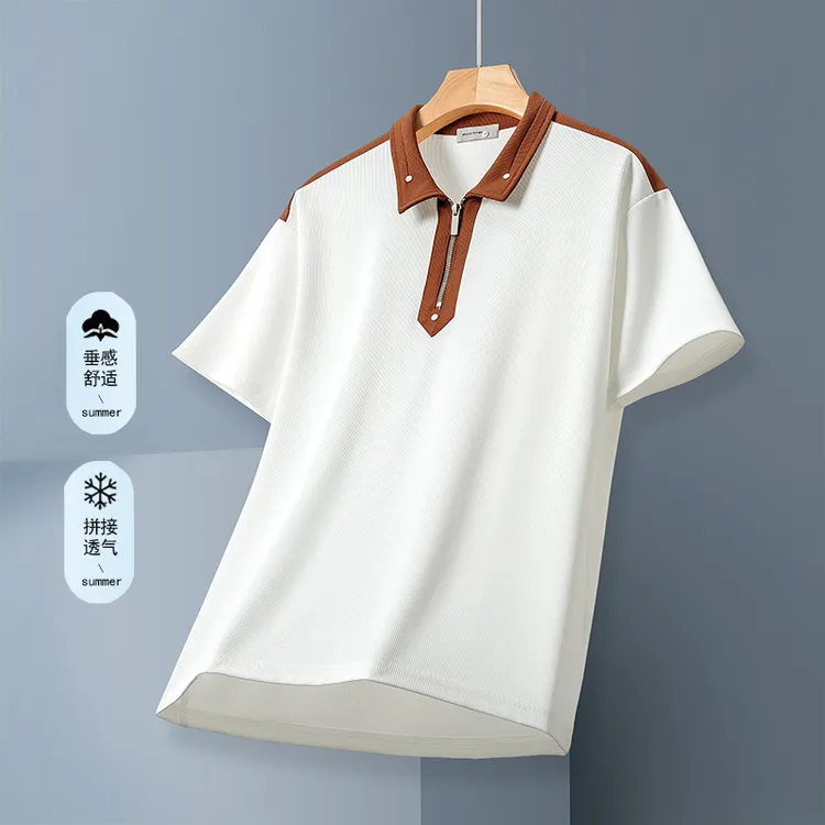 夏季polo衫男士短袖2024新款t恤男T恤白色拼接撞色透气翻领体恤