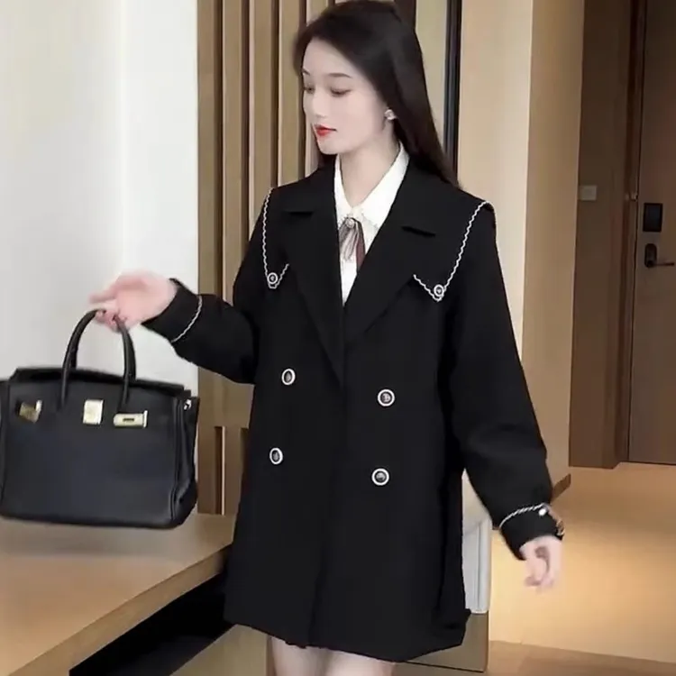 海军领双排扣风衣外套女2025春秋季新款时尚洋气小个子中长款大衣