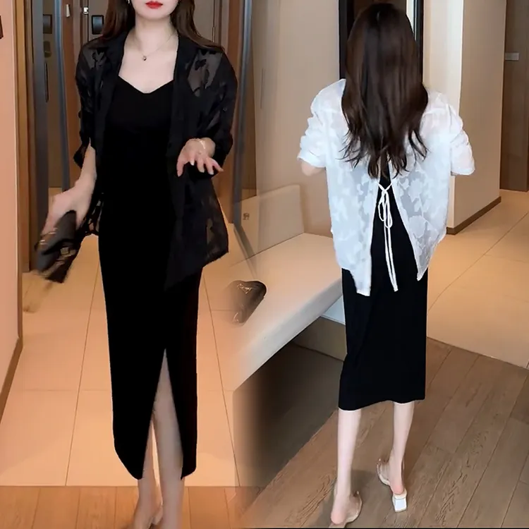 时尚连衣裙套装女2024夏季新款洋气显瘦防晒衬衫外披吊带裙两件套
