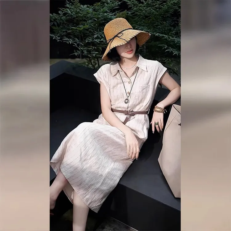 法式条纹设计感气质连衣裙2025年夏季轻奢高端轻熟风减龄过膝长裙