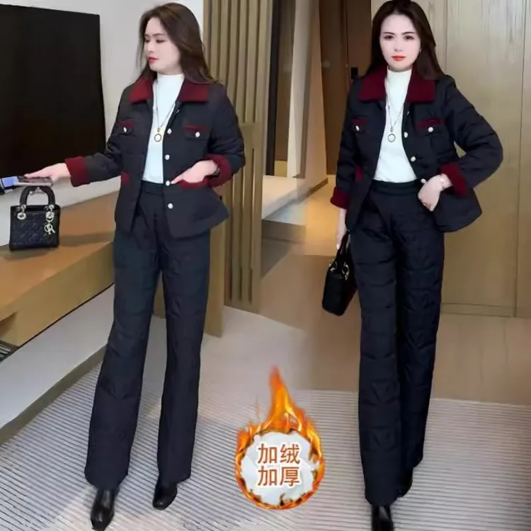 小香风加绒加厚时尚套装女士洋气时髦棉衣棉裤小个子保暖两件套潮