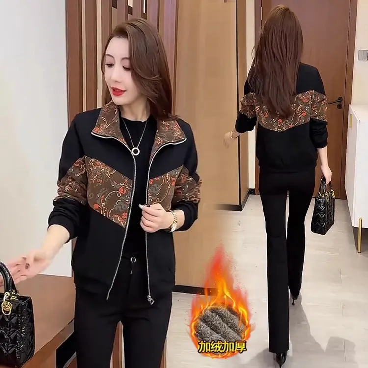 加绒加厚拼接外套女短款秋冬季新款大码女装夹克衫小个子百搭上衣