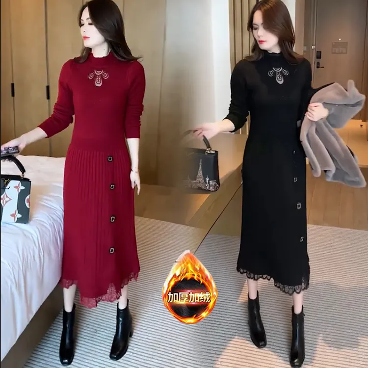 加绒长款针织连衣裙女士2024年冬季新款洋气加厚配大衣打底毛衣裙