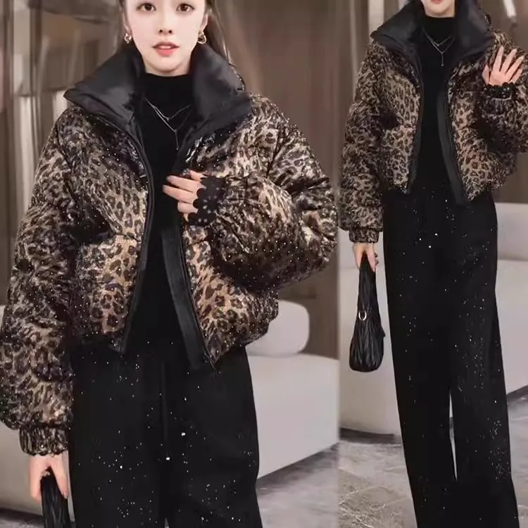 豹纹棉服女2024冬季时髦洋气加厚保暖立领棉衣短款小个子面包服潮