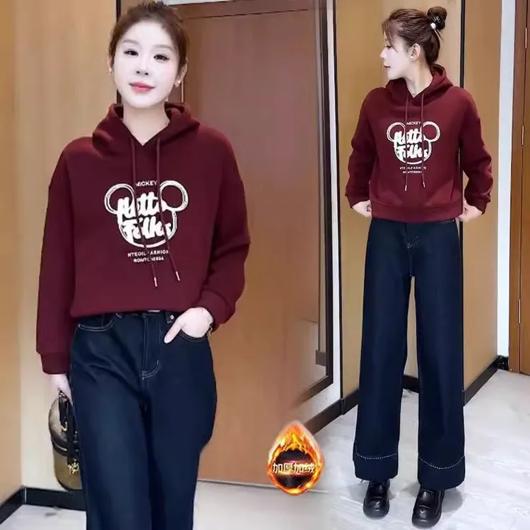 加绒加厚连帽卫衣女2025冬季新款洋气显瘦休闲米奇刺绣外套上衣潮