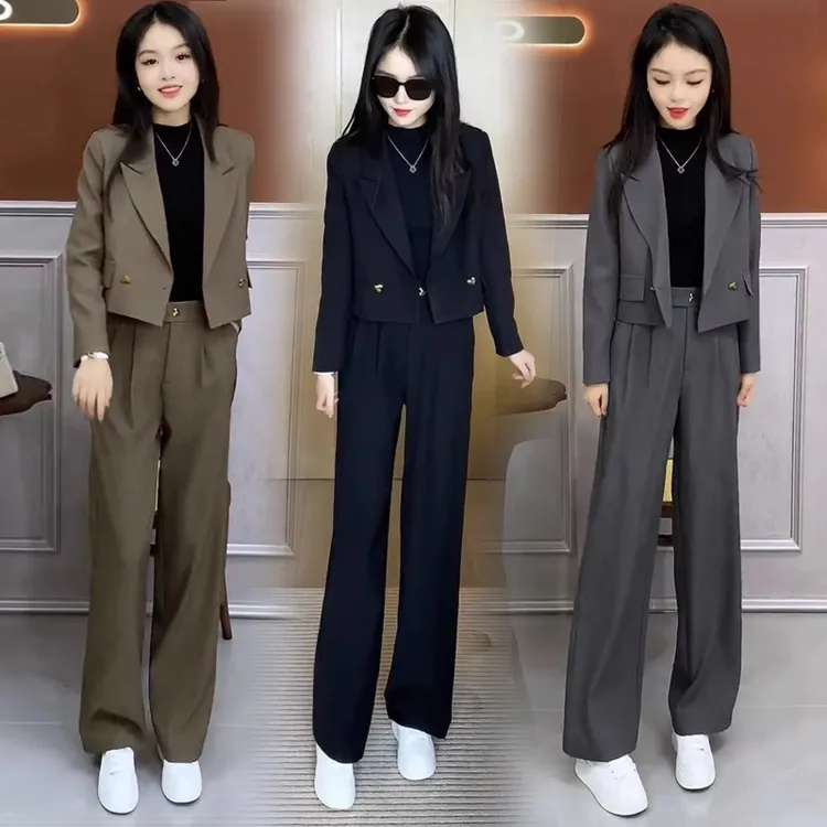 高级时尚职业套装女2024春秋新款小个子短款西装外套直筒裤两件套