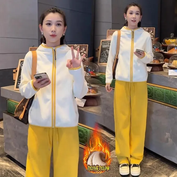 时尚加绒休闲套装女2025秋冬新款洋气双面绒连帽卫衣运动裤两件套