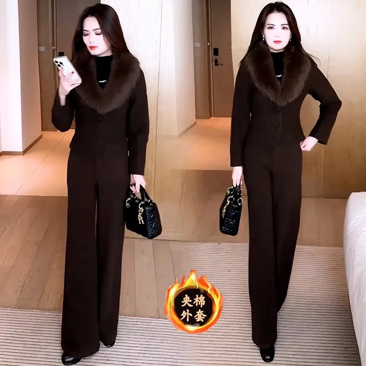 高级感加棉加厚时尚套装女秋冬新款洋气毛领小西装气质保暖两件套