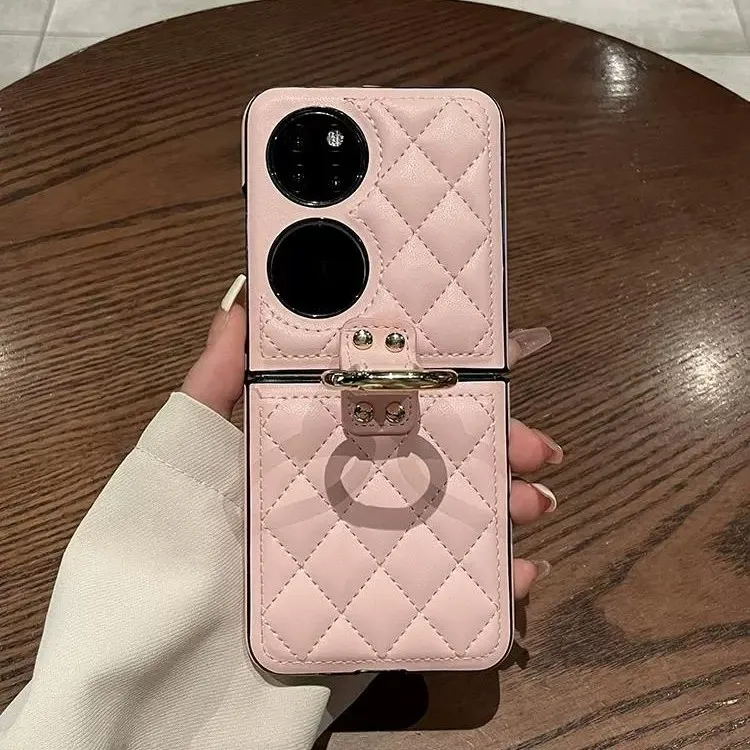 适用华为pocket 2手机壳Pura X宝盒折叠屏轻奢纯色皮质菱格指环扣