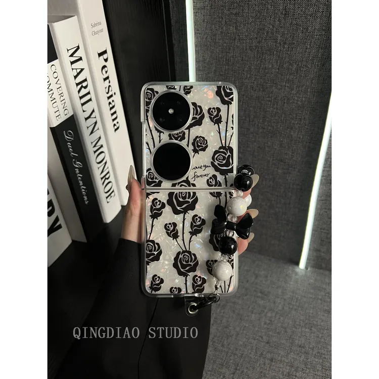 ins贝壳纹满屏玫瑰手提链条华为pocket2手机壳全包新款p50pockets