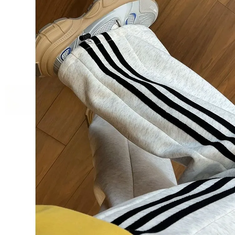 美式条纹撞色运动阔腿裤女新款2024春秋百搭宽松显瘦休闲束脚裤子