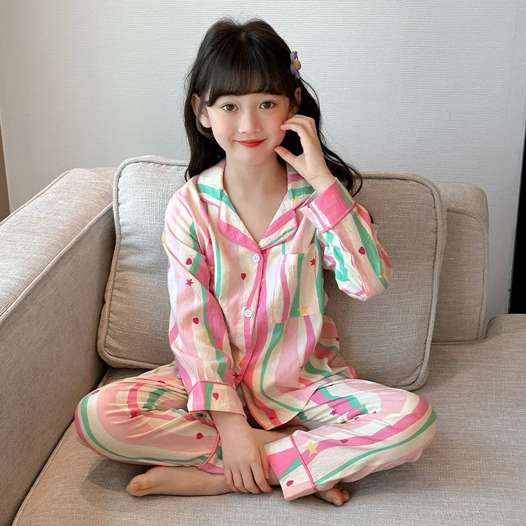 2025新款女童睡衣春秋季长袖卡通中大童女孩酷条纹儿童家居服套装