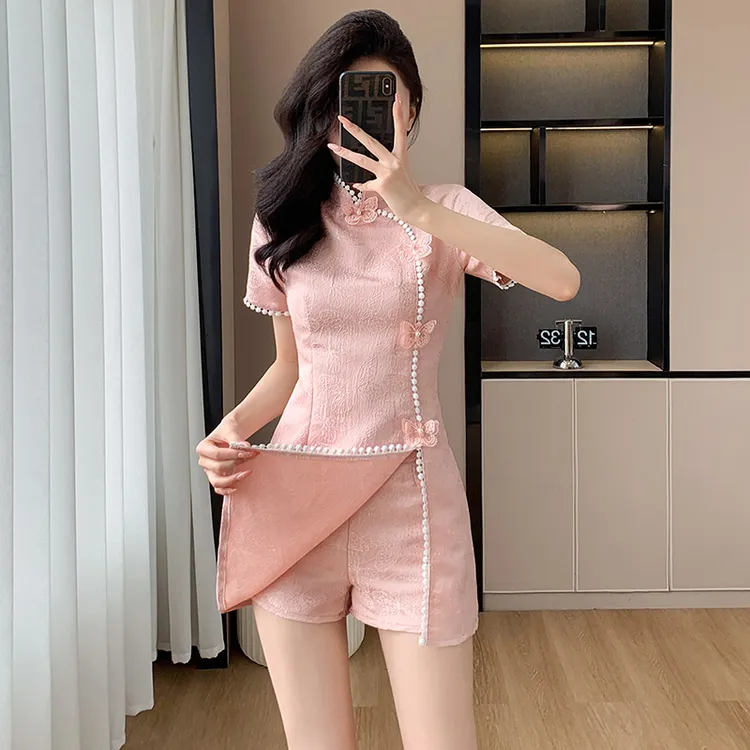 新中式国风提花蝴蝶拼接改良旗袍连衣裙2026夏季小个子短裤两件套