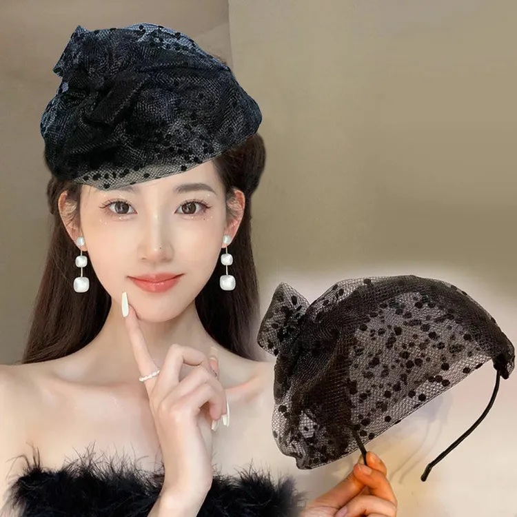 甜美时尚气质蕾丝半帽发箍复古波点网纱蝴蝶结贝雷帽女礼帽遮白发
