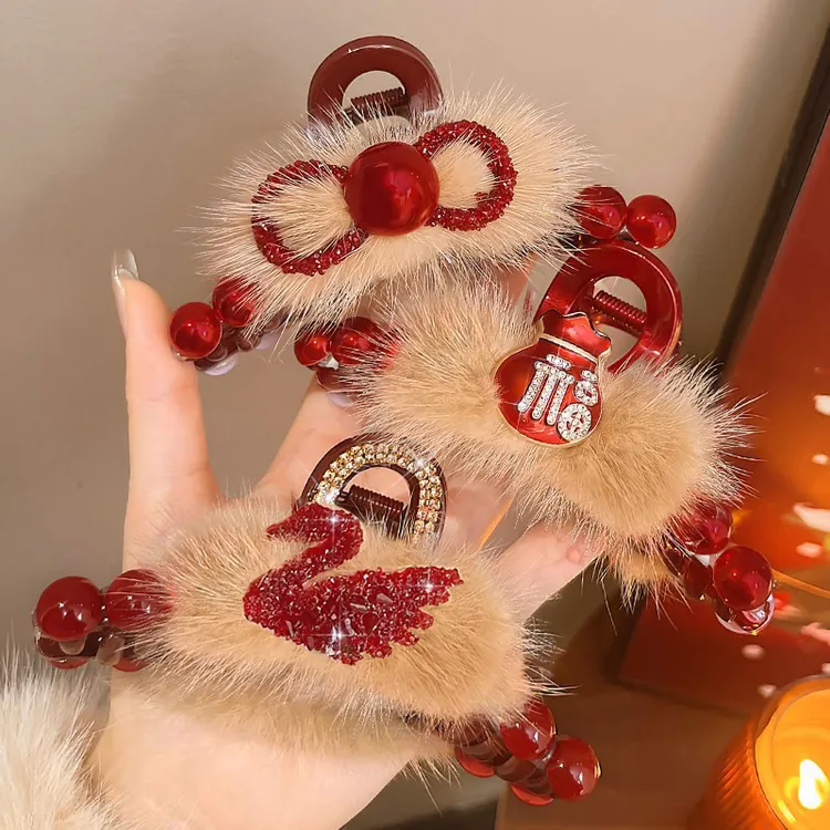 超仙毛绒发夹女红色新年圣诞抓夹后脑勺福袋毛毛鲨鱼夹子秋冬头饰