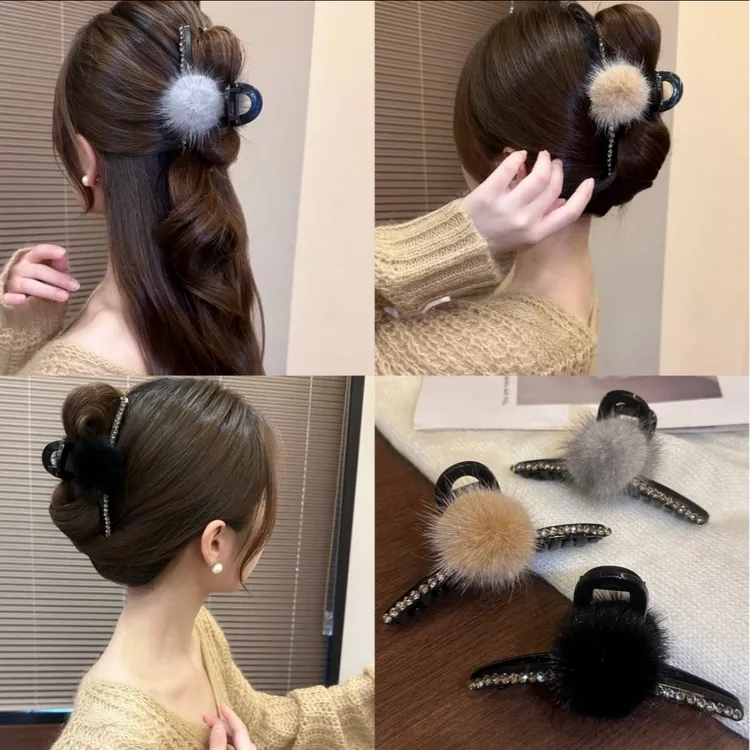  韩国秋冬新款水貂毛球鲨鱼夹高级感闪亮水钻大号抓夹后脑勺发夹