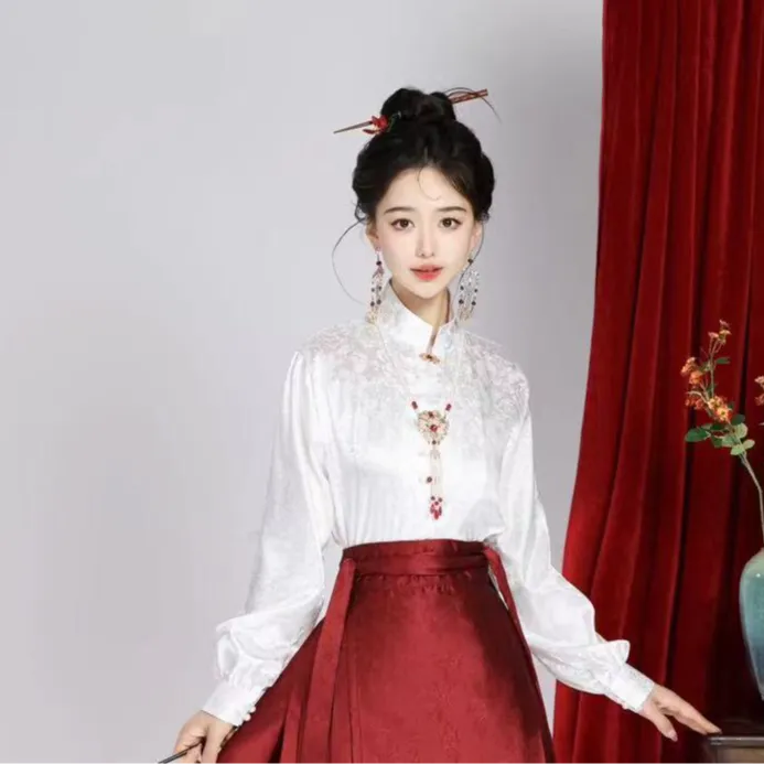 汉服新中式国风女装汉元素春秋显瘦高级感提花衬衫百搭马面裙日常