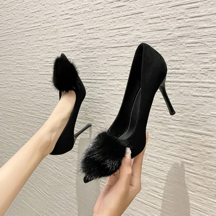 sufeifei/苏妃妃898-M加绒水貂毛时尚细跟高跟鞋女保暖百搭单鞋
