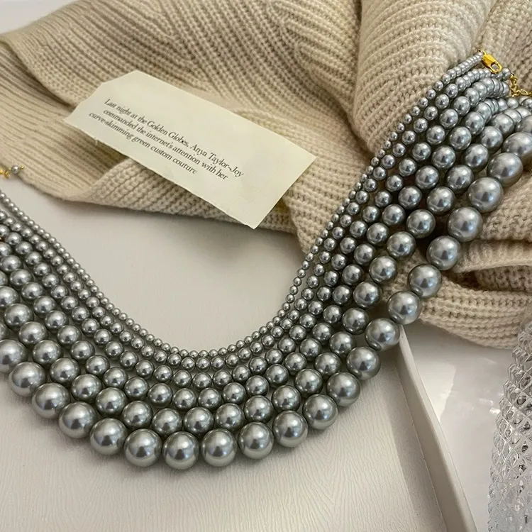 铜合金仿珍珠项链 清冷气质真多麻灰色施家珠珠倪妮同款时尚经典