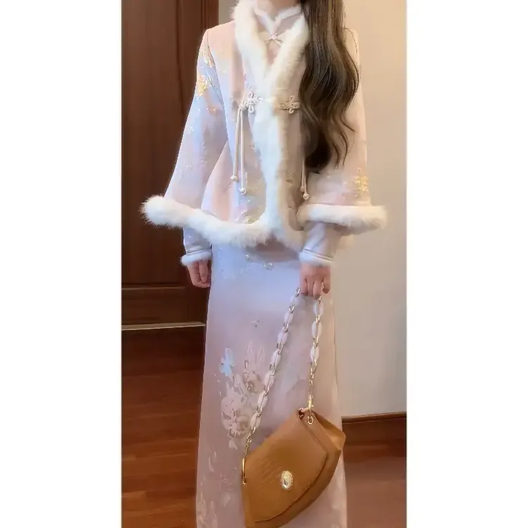 冬季新中式毛领夹棉短款外套&国风提花改良旗袍连衣裙套装新款