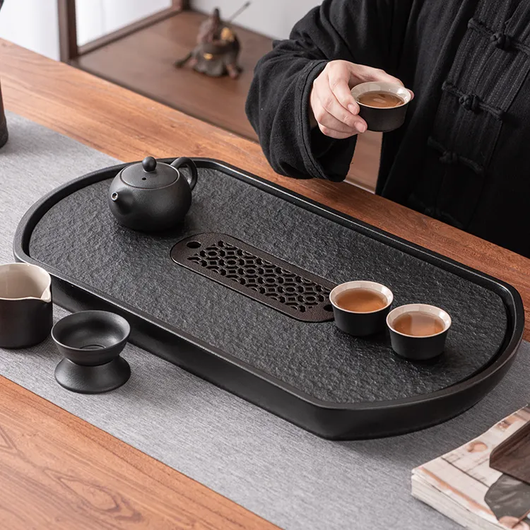 秘程乌金石头茶盘家用长方椭圆形小型陶瓷干泡茶台储排茶海茶具托