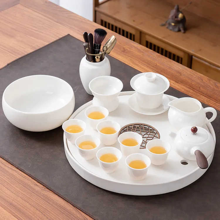 秘程轻奢现代羊脂玉白瓷茶具套装家用茶盘简约陶瓷茶盘功夫小套装