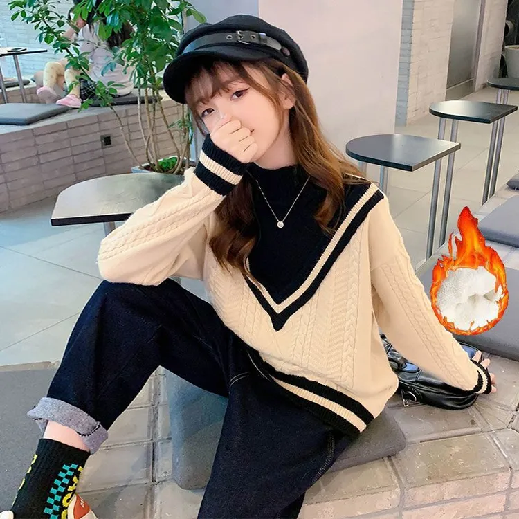 2025新款女童加绒加厚毛衣公主风假两件休闲洋气针织打底衫秋冬季