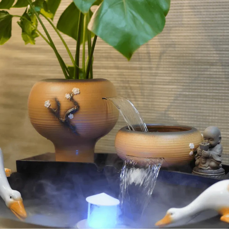 古法养鱼瀑布观赏罐过滤增氧种绿植微景观陶瓷耐用流水摆件循环水