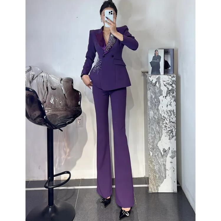 ZEROYK欧货高定原创重工钉珠商务风通勤气质收腰西服微喇裤两件套