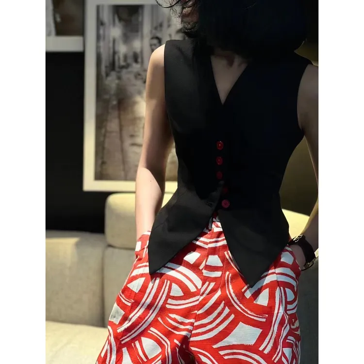 ZEROYK高级感时尚套装夏季黑色西装马甲上衣印花阔腿裤气质两件套